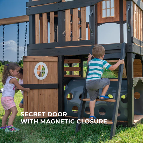 Multi-Level Wooden Outdoor Playset with Clubhouse, Slide, Swings, Climbing Wall & Crawl Tunnel System - Image 4
