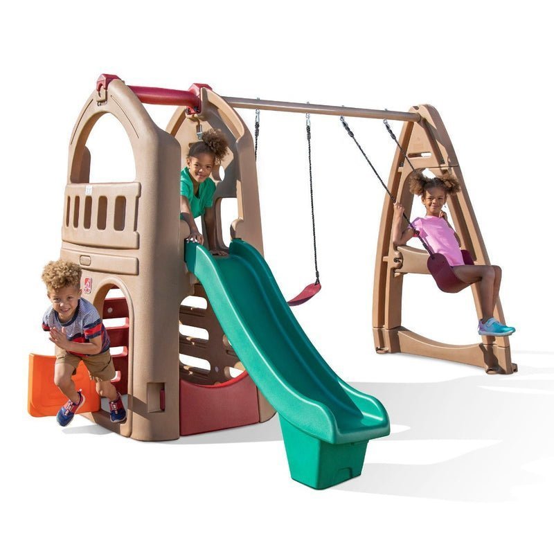 Outdoor Kids Playhouse Climber with Slide & 2-Swing Extension, Raised Platform & Crawl-Under Play Area