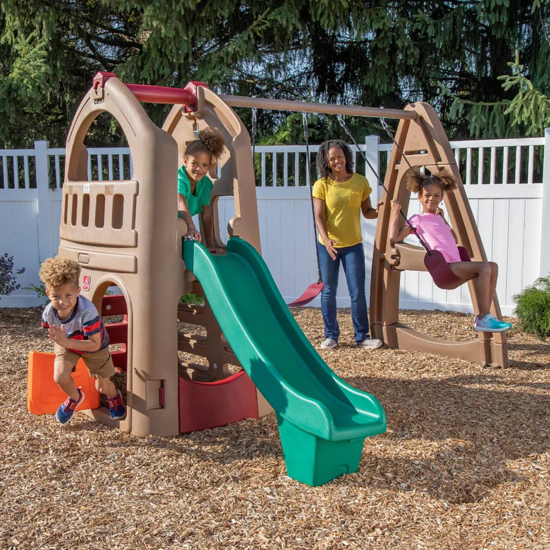 Outdoor Kids Playhouse Climber with Slide & 2-Swing Extension, Raised Platform & Crawl-Under Play Area - Image 6