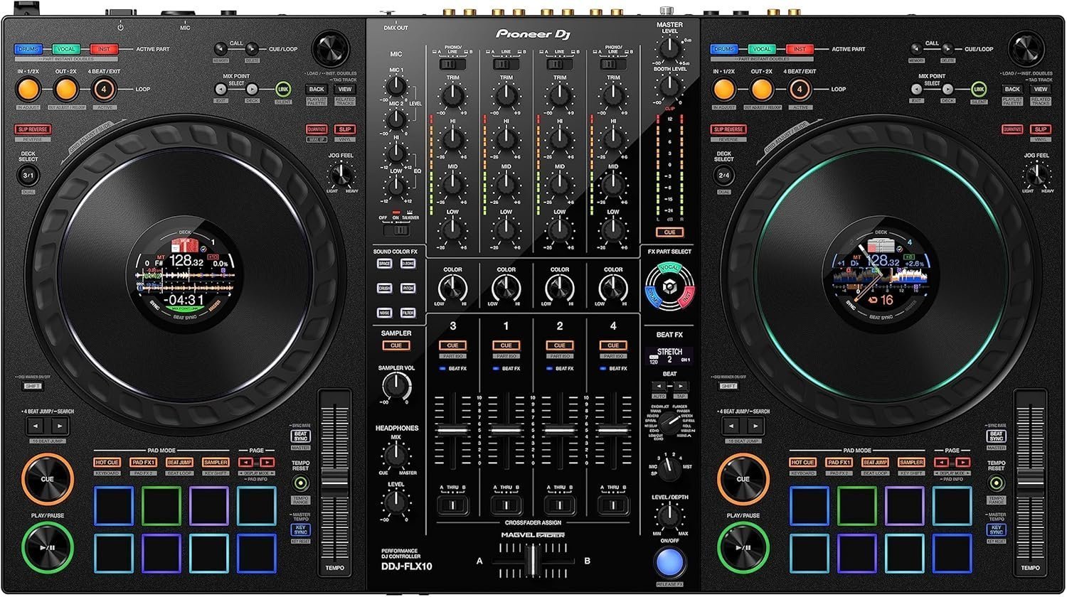 Professional 4-Channel DJ Controller with Real-Time STEMS Control, Full-Size Jog Wheels & Club-Style Performance Layout