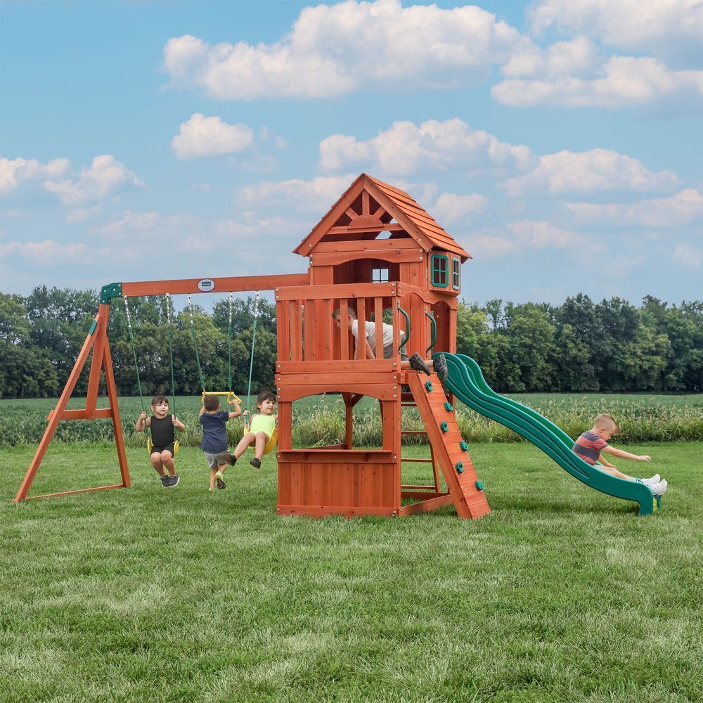 Cedar Wood Backyard Swing Set with Clubhouse, 8 ft Wave Slide, Rock Wall & Multiple Swings (Up to 8 Kids)