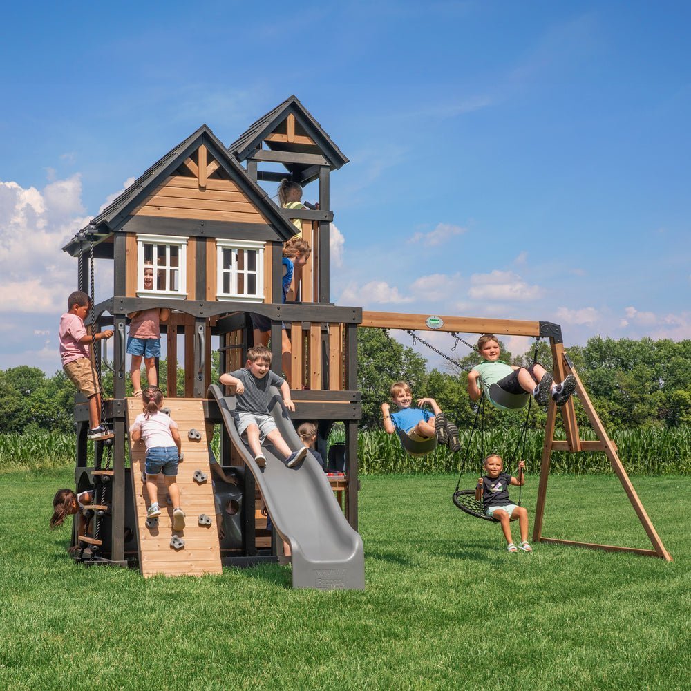Multi-Level Wooden Outdoor Playset with Clubhouse, Slide, Swings, Climbing Wall & Crawl Tunnel System