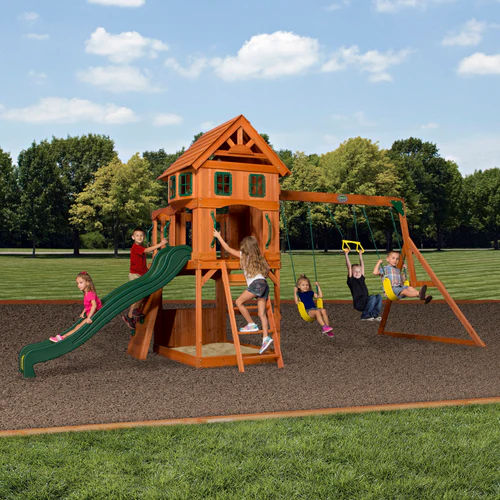 Cedar Wood Backyard Swing Set with Clubhouse, 8 ft Wave Slide, Rock Wall & Multiple Swings (Up to 8 Kids) - Image 2