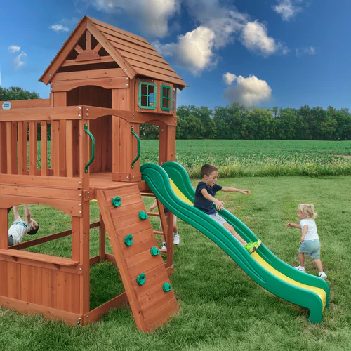 Cedar Wood Backyard Swing Set with Clubhouse, 8 ft Wave Slide, Rock Wall & Multiple Swings (Up to 8 Kids) - Image 3