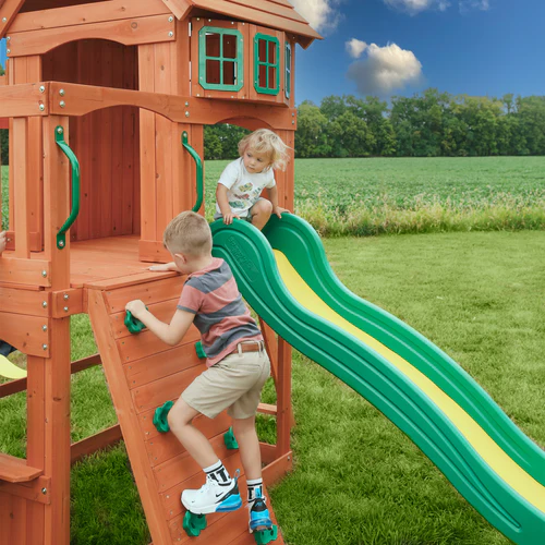 Cedar Wood Backyard Swing Set with Clubhouse, 8 ft Wave Slide, Rock Wall & Multiple Swings (Up to 8 Kids) - Image 4