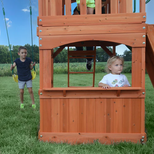 Cedar Wood Backyard Swing Set with Clubhouse, 8 ft Wave Slide, Rock Wall & Multiple Swings (Up to 8 Kids) - Image 5