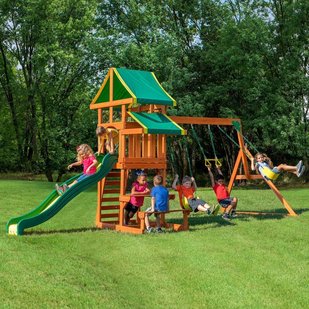 Premium Wooden Outdoor Swing Set with Slide & Climbing Features for Kids