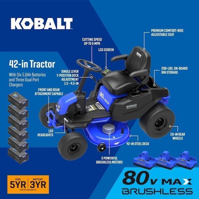 42-Inch 80V Battery-Powered Riding Lawn Tractor with Brushless Motor, 2-Acre Runtime Capability, Dual Blade System & 6x 5Ah Lithium-Ion Batteries - Image 2